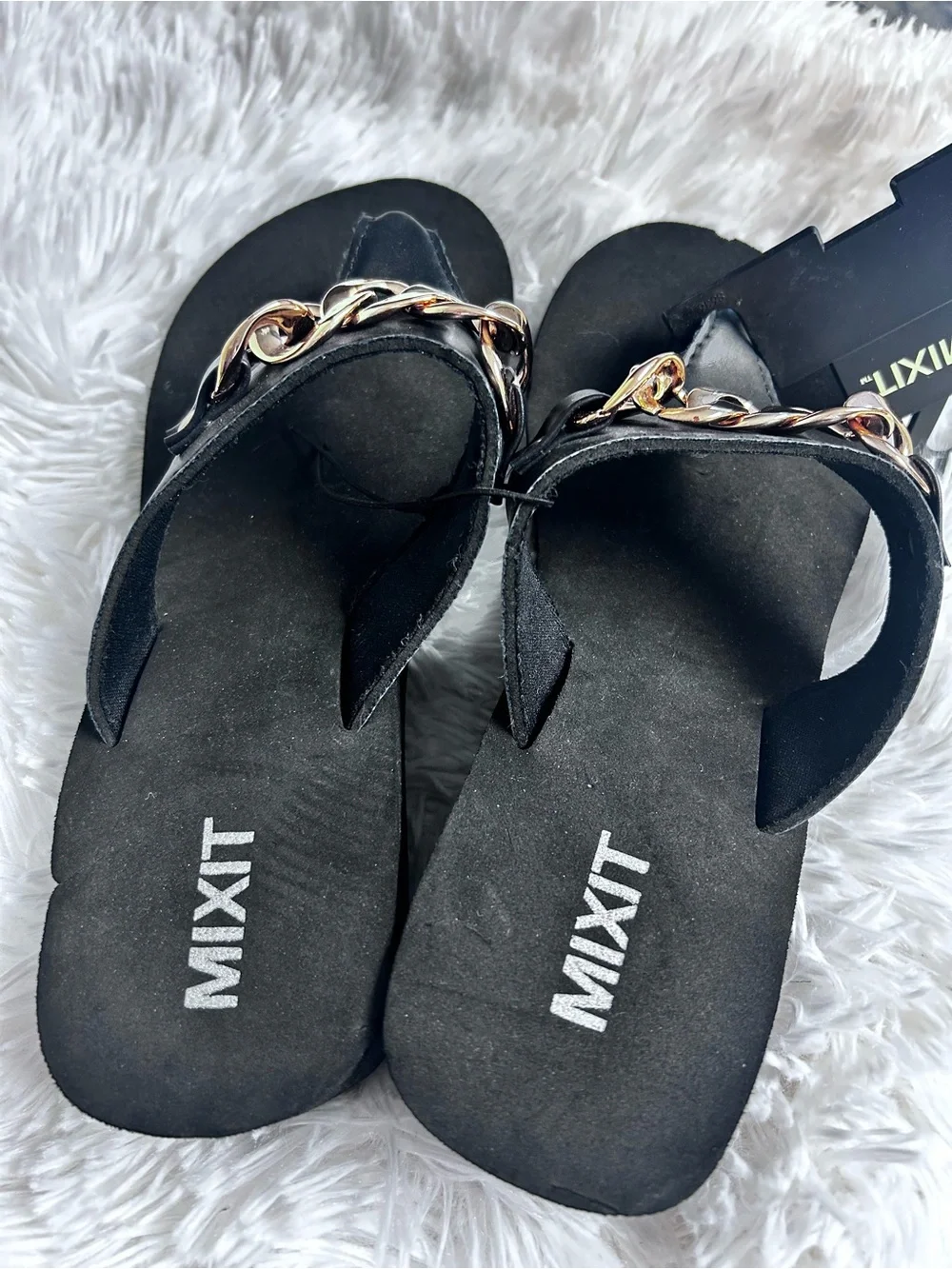 New Mixit Black Thong Sandals with Gold Chain Accent Sz 8